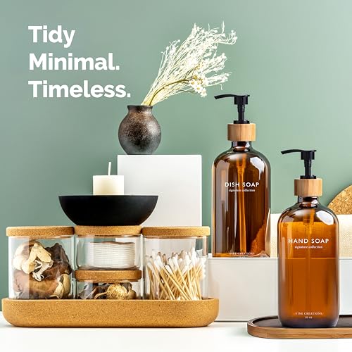 Vine Creations Amber Glass Soap Dispenser Set, Hand Soap and Dish Soap Dispenser Set with Bamboo Tray, 16 oz Glass Dispensers Bottle for Kitchen and Bathroom Decor Modern Boho with Bamboo Pump (Amber) - color: Amber
