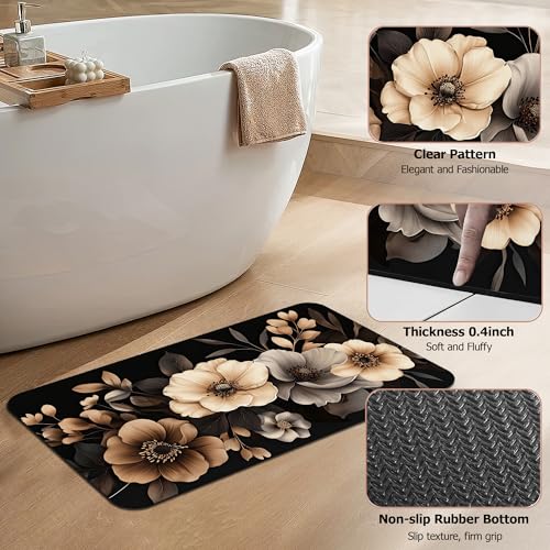 Bath Mat,Brown Black Flower Bathroom Rugs,Quick-Drying Non-Slip Rubber Bath Mats Artistic Absorbent Diatomaceous Earth Mat for Bathroom Home Decor 17"x29.5" - color: Brown Black Flower,artistic