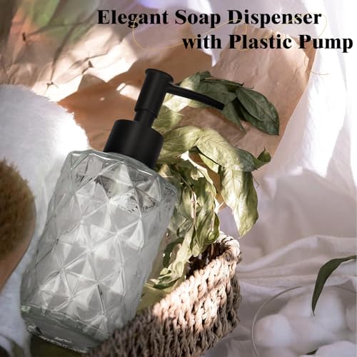 1 Pack 11oz Glass Soap Dispenser with Plastic Pump, Diamond Design Refillable Hand Soap Dispenser for Hand Wash, Bathroom and Kitchen - color: Transparent Clear