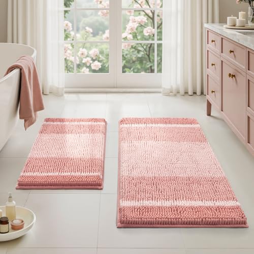 HOMEIDEAS Pink Bathroom Rugs Set of 2, Thick Absorbent Chenille Bath Mats, Non-Slip Soft Shaggy Rugs for Bathroom Floor, 20" x 32" & 17" x 24" - color: Pink