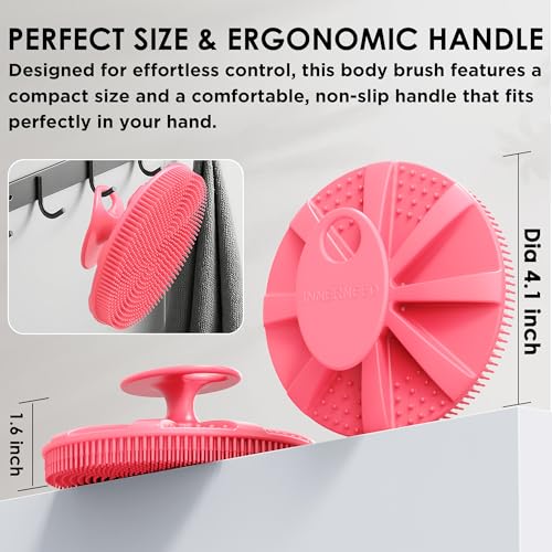 INNERNEED Food-Grade Soft Silicone Body Scrubber Shower Brush Handheld Cleansing Skin Brush, with Exfoliating Net Sponge Case (Pink Brush) - color: (Set5) Pinkcase
