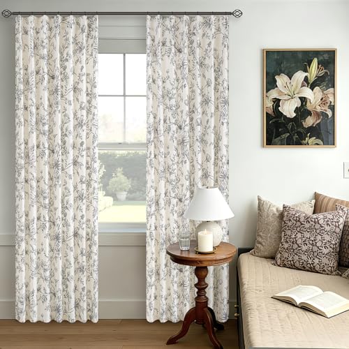 Black Floral Pleated Linen Curtains 84 Inches Long 2 Panels Farmhouse French Country Black Sketch Peony Lily Flower Pattern Printed Drapes for Living Room Bedroom Semi Sheer Botanical Curtain - color: Black, size: 40"W x 84"L (Pack of 2)