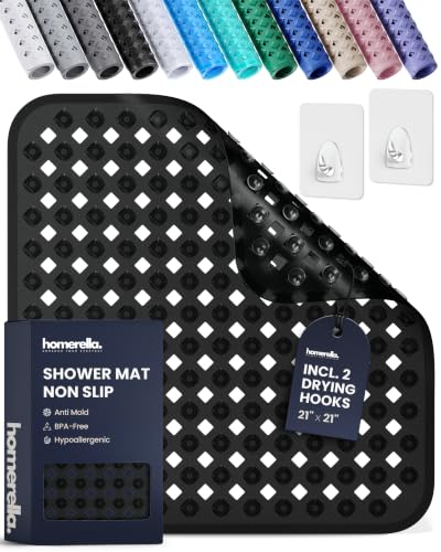 homerella® Shower Mat Non Slip Anti Mold, Non Slip Shower Mats for Inside Shower Stall Anti Slip Mat, Square Shower Floor Mat 21 x 21 in with Suction Cups & Hooks for Quick Drying, Machine Washable - color: Black