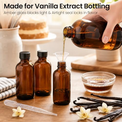 TBWIND 54 Pack 4oz Amber Glass Boston Round Bottles with Airtight Caps | Refillable Glass Bottles for Vanilla Extract, Homemade Liquids, Syrups, Oils & DIY Crafting with Droppers, Labels & Funnels - size: 4oz