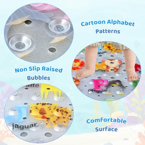 Bath Mat for Tub Non Slip, Machine Washable Anti Slip Cartoon Baby Bathtub Shower Mat with Drain Holes and Suction Cups for Toddler & Kids, 40 Inch x 16 Inch-Rectangular, 26 Alphabet - color: 26 Alphabet, size: 40" x 16" (Rectangular)