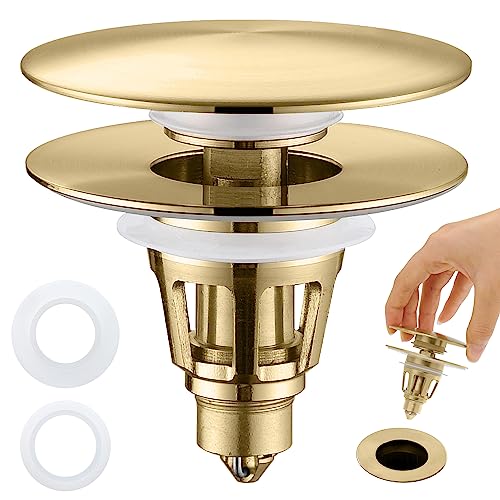 Universal Bathroom Sink Stopper - Pop Up Sink Drain Stopper, Push Button Flixfilter Sink Drain Stopper Replacement, Wash Basin Drain Filter Plug Anti-Clogging Basket, Brushed Gold - color: Gold Brushed, style: Large Cover