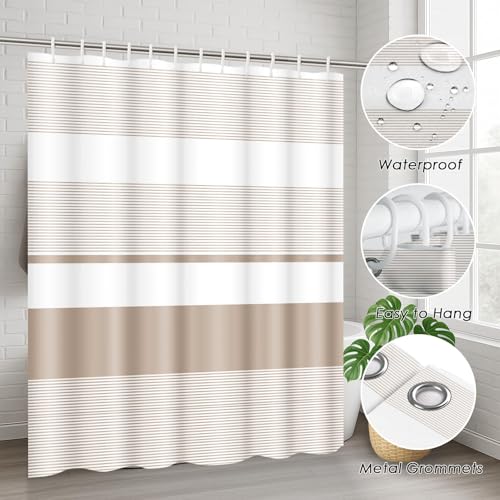 Beige Shower Curtain Set with Toilet Lid Cover and Non-Slip Rugs for Bathroom, Modern Striped Lines 4 Pcs Shower Curtain, Simple Abstract Bathroom Set with 12 Hooks - color: Stripes Beige