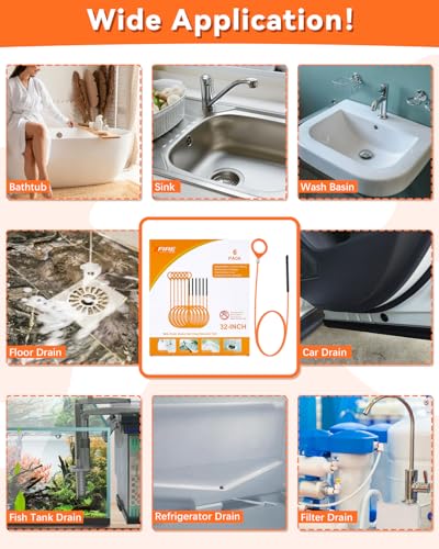 32 Inch Anti-break Metal Drain Snake, 6 Pack Hair Clog Remover | Drain Cleaner Tool with Nylon Coating Sink Snake, Drain Clog Remover for Shower, Bathroom Sink Tub - color: Orange-N-32IN