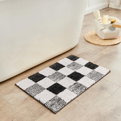 CozeCube Bath mats for Bathroom Non Slip, Fluffy Absorbent Microfiber Bath mat Washable, Aesthetic Bathroom Rugs, Cute Jet Black Checkered Bath mat, Jet Black, 32" x 20" - color: Checkered-jet Black, size: 2'8" x 1'8" (Rectangular)