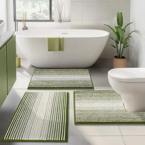 BSICPRO Bathroom Rugs Sets 3 Piece, Toilet Rugs U-Shaped Contour Bath Mat Set, Striped Absorbent Non Slip Chenille Shower Mat, Sage - color: Sage, size: 20"x32"+16"x24"+U Shape 20"x24"