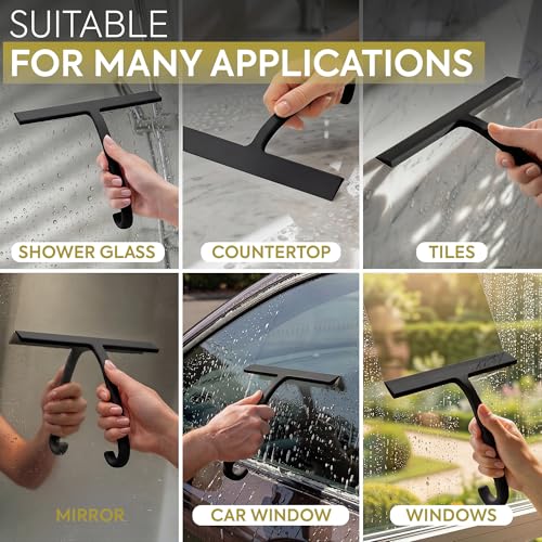 GÜTEWERK Shower Squeegee for Glass Doors – Bathroom Squeegee for Shower Glass & Tile Walls, Streak-Free & No-Squeak Silicone Blade, Stainless Steel Core, Hang Hook + Suction Cup, Black, 10 Inch - color: Black