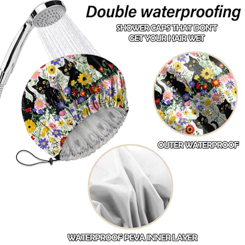 2 PCS Shower Cap Reusable Waterproof Double Layers Hair Caps Shower Bath Adjustable Elastic Hat for Women Girls Cute Aesthetic-Grass Black Cat - color: AI14-Grass Black Cat
