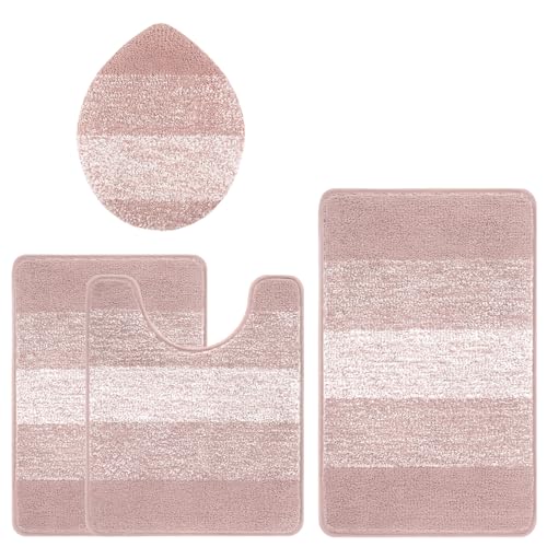 Bsmathom Bathroom Rug Set, 4 Piece, Pink | Microfiber, Non Slip, With Toilet Cover, Washable, Absorbent - color: Pink, size: 18"x26"+20"x31"+U20"x24"+Cover19"x21"