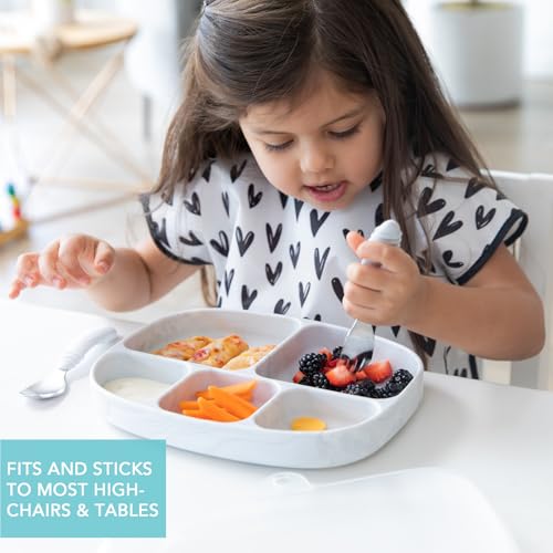 Bumkins Toddler and Baby Suction Plate, Silicone Divided Grip Dish and Lid, Large 5-Section Tray for Kids, Essentials in Children Feeding Supplies, Non Skid Stick Bottom, for Ages 6 Months Up, Marble - color: B1 Marble-Lg GD Lid