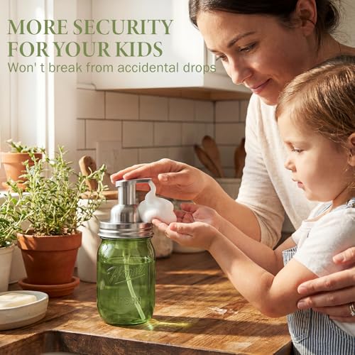 Amolliar Plastic Mason Jar Foaming Soap Dispenser Pump Lid, 16oz Foam Soap Dispenser with Cute Lables - Green Refillable Hand Soap Dispenser for Bathroom Kitchen Shower (2 Pack, Silver) - color: Silver