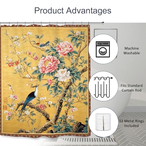 Vintage Flower Peony Shower Curtain 60Wx72L Inch Chinese Blossom Asia Yellow Botanical Plant Bathroom Set Accessories Decor with 12 Pack Hooks - color: Yellow Vintage Bird, size: 60"W x 72"L (Pack of 1)