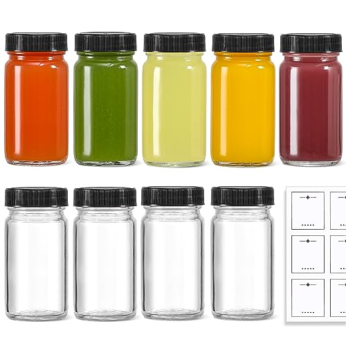 9 Pack, 2 oz Glass Shot Bottles w/ Black Lids & 9 Labels - Small Clear Jar for Ginger, Wellness Shot, Juice, Sample, Whiskey - Travel Essentials Mini Bottles - Wide Mouth, Leakproof, Dishwasher Safe - color: Black Lids, size: 2oz-9 pack