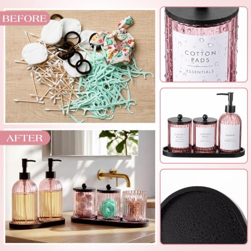 Yaomiao 5 Pack Bathroom Accessories Set, Modern Bathroom Decor Sets, Glass Liquid Soap Dispenser, Vanity Tray, Toothbrush Holder, Cotton Swab Jars with Lids for Sink Countertop(Pink,Striped) - color: Pink, style: Striped