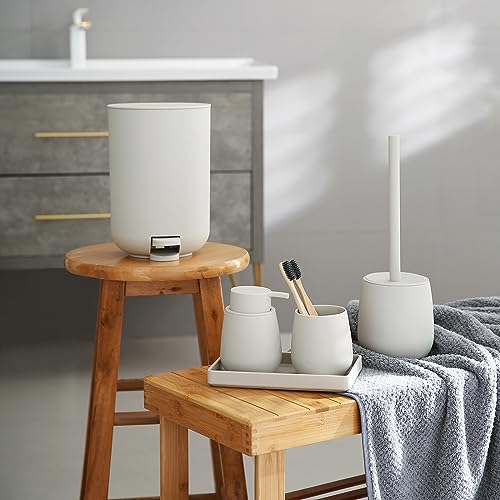 GAHEFY Small Beige White Bathroom Accessories Set with Mini Trash Can 3 Liter/0.8 Gallon,Toothbrush Holder,Soap Dispenser,Vanity Tray,Toilet Brush and Holder (Beige White 5pcs) - style: Beige white 5pcs