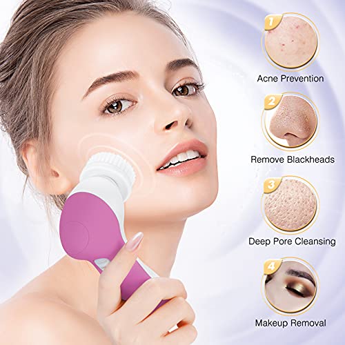 COSLUS Facial Cleansing Brush Silicone Face Scrubber: 7 in 1 FBS-D Electric Exfoliating Rotating Massage Device Waterproof Deep Cleaning Exfoliation Spa Machine - Electronic Skin Care Wash System - color: Pearl Pink, size: With 7 brush heads