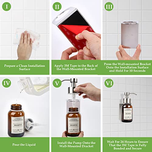 2Pack 8.5oz Brown Glass Bathroom Shampoo Dispenser, Silver Mount | Drill or no-drill setup with screws & adhesive patches; leakproof conditioner pumps for shower or RV. - color: Silver Set of 2