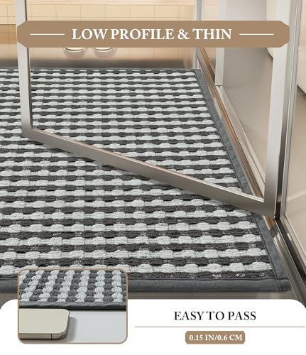 YIHOUSE Grey Bathroom Rugs Set 5 Pieces, Gray Checkered Absorbent Bath Mat Sets Quick Dry, Woven Soft Bath Rugs Non Slip, Thin Washable Rugs for Bathroom - color: Dark Grey, size: 5 Pieces