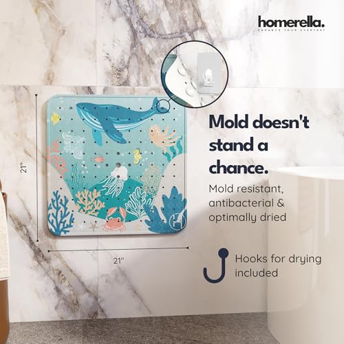 homerella® Shower Mat Non Slip Anti Mold, Non Slip Shower Mats for Inside Shower Stall Anti Slip Mat, Square Shower Floor Mat 21 x 21 in with Suction Cups & Hooks for Quick Drying, Machine Washable - color: Caribbean Sea