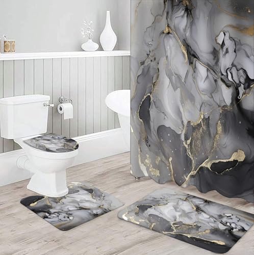 Marble Bathroom Sets with Rugs for Bathroom Decor, 72x72 Inches Gold Shower Curtain with Non-Slip Rugs and Accessories, Waterproof Machine Washable Bath (Curtain Set-Gary Gold Marble) - color: Curtain Set-gary Gold Marble