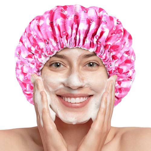 Shower Cap for Women Terry Lined Bath Cap Large Reusable Waterproof Elastic Band Pink Flamingo Shower Caps for Long Thick Hair Soft Bath Shower Hair Caps - color: Hot Pink Flamingo
