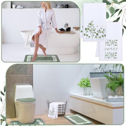 Nuanchu 6 Pcs Sage Green Bathroom Rugs Set with Eucalyptus Leaves Hand Flowers Towels Non Slip U-Shaped Fresh Toilet Rug Water Absorption Bath Mat for Bathroom Bedroom Living Room - color: Green, style: Eucalyptus Leaves