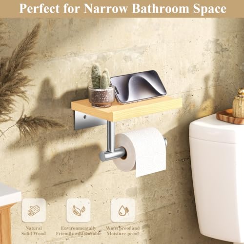 Tindbea Toilet Paper Holder with Wood Shelf, Wooden Wall Mount Tissue Paper Roll Holder, Brushed Nickel Stainless Steel Bathroom Accessories Decor for Home (Maple, Brushed Nickel) - color: Maple & Brushed Nickel