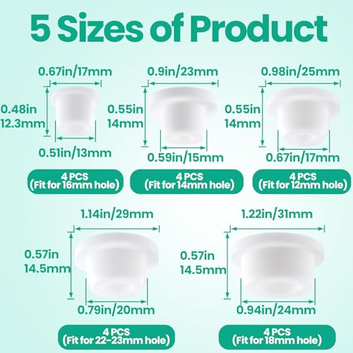 20pcs Bathtub Jet Covers, Silicone Pipe Inserts, Waterproof Tube & Hole Plugs with 5 Sizes for Bathtub Sink Drain Cover- White