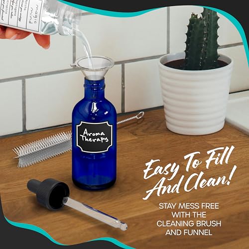 Nevlers 4 Oz Cobalt Blue Glass Dropper Bottle 24 Pack Set | Tincture Bottles with Droppers for Liquids | Glass Eye Dropper Bottle w/ Shrink Wrap, Funnel, Brush, Marker & Labels - color: Blue