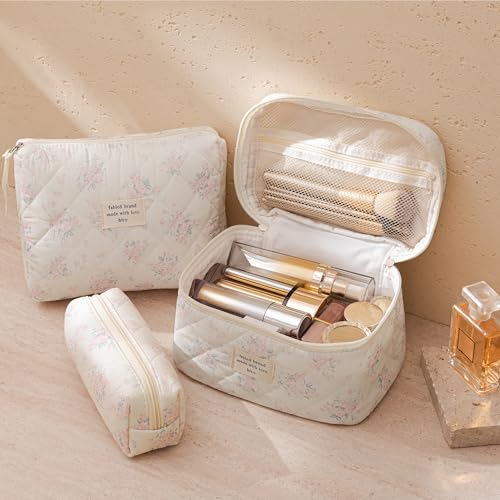 HBselect Quilted Makeup Bag, 3PCS Cotton Large Travel Makeup Bag, Cute Floral Coquette Make up Bag Cosmetic Bag Toiletry Bag for Women Girls - color: A-3PCS-Floral 34