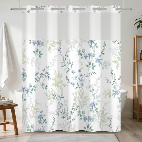 No Hook Floral Shower Curtain with Snap in Liner 71x74 Inch | Blue Green Botanical Vine Shower Curtains for Farmhouse Cottagecore Bathroom, Waterproof Fabric with Mesh Top Window - color: Blue Botanical