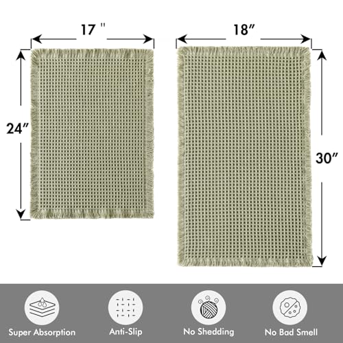 MIULEE Set of 2 Waffle Bathroom Rugs, Boho Bath Rugs Non Slip Washable, Super Absorbent Bath Mats, Ultra Soft Rubber Backed Shower Mats for Bathroom Floor, Tub, Sage Green, 17"x24"+18"x30" - color: Sage Green, size: 17''x24'' + 18''x30''