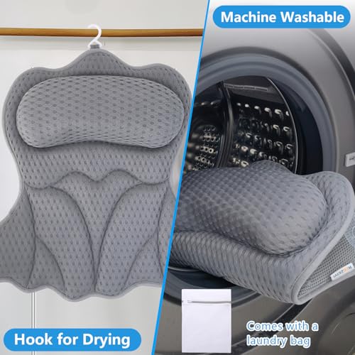 REEZEIVI Bath Pillows for Tub,Bath Pillow with 6 Non-Slip Suction Cups,Soft 4D Mesh Fabric,Bathtub Pillows for Tub Neck and Back Support,Extra Thick Luxury Bathtub Pillows,Grey - color: Grey