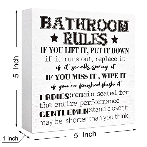 SJNH Bathroom Rules Sign Wood Block for bathroom shelf decor | ﻿ Funny Bathroom Signs Wooden Box for Shelf Washroom Toilet Restroom Shelves Decor 5"L x 5"W x 1.1"H - color: White
