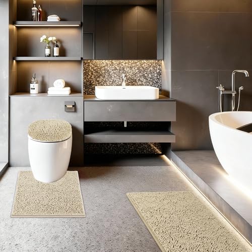 Bathroom Rugs Sets 3 Piece with Adjustable Toilet Seat Cover 19.5"x 18.5" Machine Washable Bath Rug Set with TPR Non Slip Rubber Backing Solid Bath Mat Set for Luxury Bathroom Decoration - color: Beige