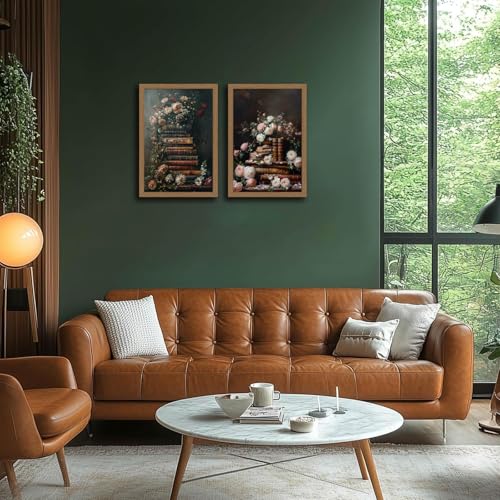 2Pcs Framed Vintage Floral Wall Art Moody Flowers Books Painting, Vintage Wildflowers Dark Academia Floral Gallery Wall Decor Picture, Rustic Country Canvas Decor for Living Room gallery Office 16x24in - color: Black Dark Classical Flower, size: 16x24 Inc