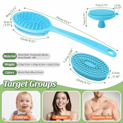 Silicone Face & Back Scrubber Set, Manual Face & Body Scrubber Exfoliator with Soft Bristles and Non-Slip Handle, Back Brush Bath Brush with 2 Detachable Brush Heads(3PCS Blue Set) - color: 3*blue Set