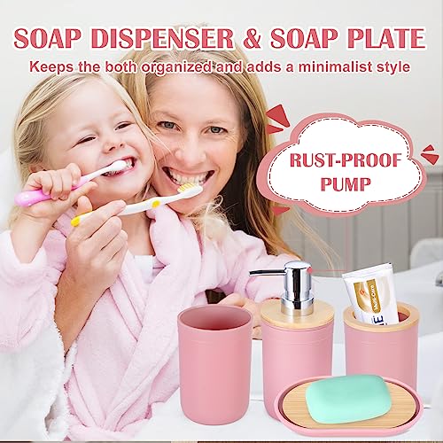 iMucci 9Pcs Pink Bathroom Accessories Set - with Trash Can,Toilet Brush,Toothbrush Holder, Lotion Soap Dispenser, Soap Dish,Toothbrush Cup,Qtip Holder,Tray - size: Bath Set, style: Pink1