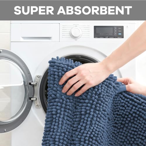 RUN HELIX Blue Bathroom Rugs Sets 4 Piece with Toilet Lid Cover, Non Slip Bathroom Mats Extra Soft Chenille Bath Rugs Absorbent Shaggy Rugs Perfect Plush Mats U-Shaped Toilet Rug Bathoom Set - color: Dark Blue, size: 1'8" x 2'8" (Square + oval + U-shape)