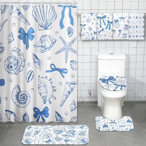 Tatuo 8 Pcs Beach Shower Curtain Set Blue Bow Ocean Bathroom Accessories Sets Coquette Starfish Coastal Waterproof Shower Curtain with Towels Carpet Bath Mat Toilet Rug 12 Hooks for Summer Beach Party - style: Blue Ocean