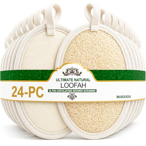 Natural Loofah Exfoliating Body Scrubber Pads, 24 Pack Dual Sided Shower Bath Loofah Sponge, Gentle Exfoliating Body Scrub for Men Women Full Body Cleansing - size: 1 Count (Pack of 24)