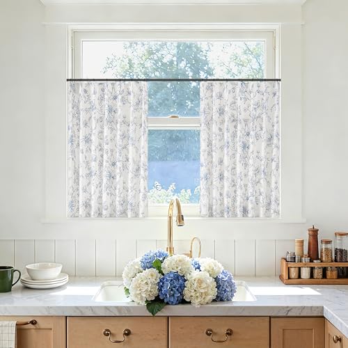 Navy Blue Linen Floral Pinch Pleated Curtains 36 Inches Long Neutral Farmhouse Light Filtering Lily Peony Flower Patterned Cafe Curtain French Country Short Drapes for Kitchen Bathroom RV Camper - color: Blue, size: 40"W x 36"L (Pack of 2)