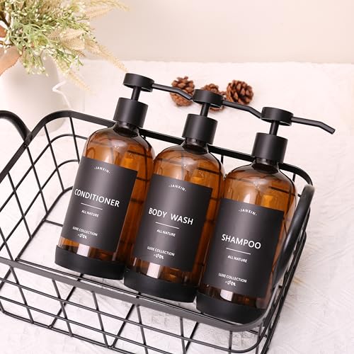 Shampoo and Conditioner Dispenser Set of 3,Refillable 21oz Shampoo Bottles with Non-Slip Protective Silicone Pad,Shower Soap Dispenser with Waterproof Labels for Bathroom (Amber) - color: Amber Bottles + Black Pumps