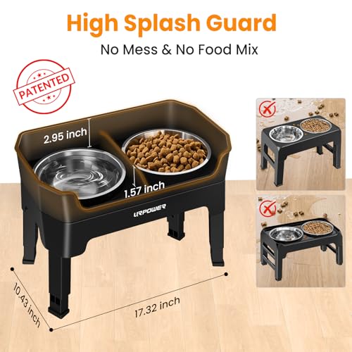 URPOWER 3-in-1 Elevated Dog Bowls - Mess Proof Double Deck 4 Height Adjustable Raised Stand with 2 Stainless Steel Food Bowls & Licking Plate for Small, Medium & Large Dogs - color: Black, size: Large