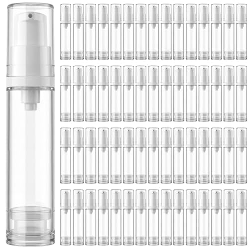 Zhehao 60 Pcs 10 ml Airless Pump Bottle Refillable Plastic Airless Vacuum Dispenser Travel Size Clear Cosmetic Sample Vial Container Jars for Lotion Cream Foundation Liquid Toiletries - size: 10 ml