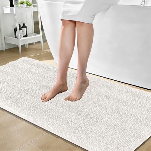 OLANLY Thick Bathroom Runner Rugs 59x24, Absorbent Chenille Striped Bath Rugs, Rubber Backing, Machine Wash Dry, Extra Long Bath Mats for Bathroom Floor, Tub and Shower, Home Decor Accessories, Ivory - color: Ivory, size: 59" X 24"